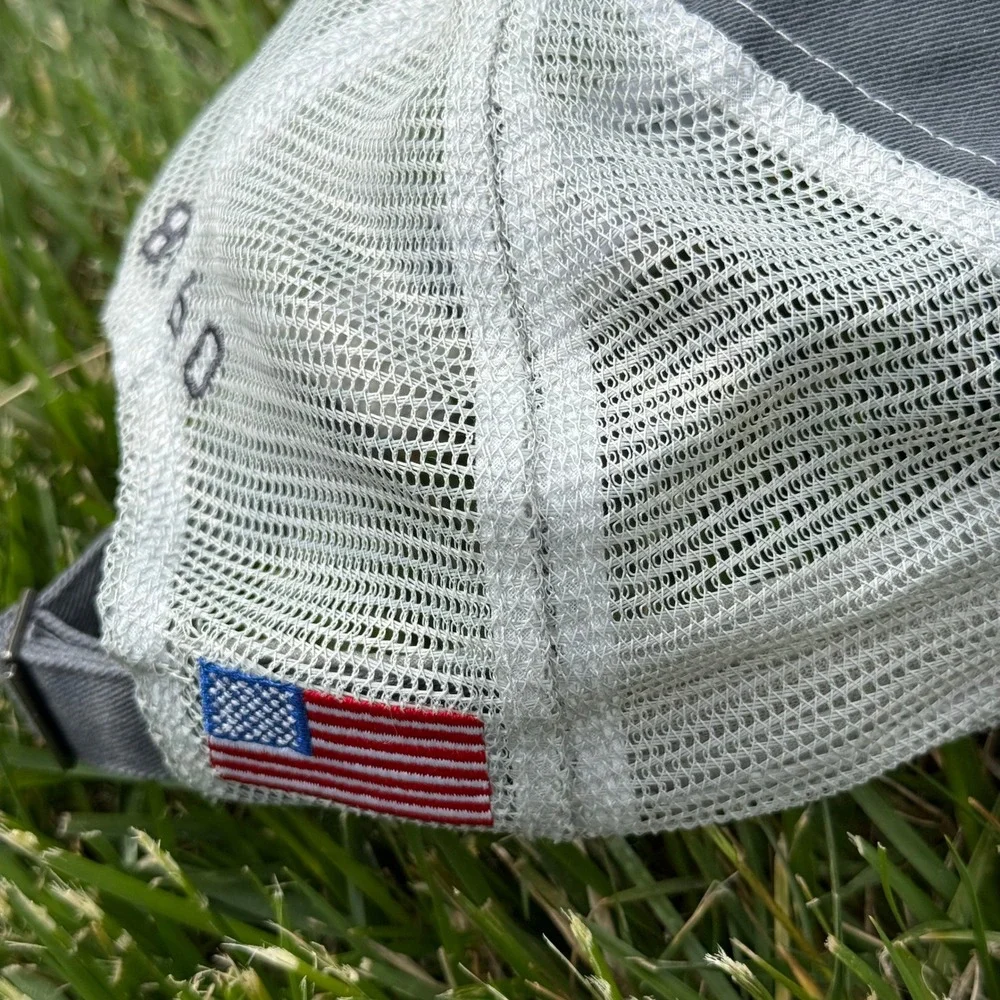 Wheels Up Trucker Hat Gray White Mesh Back American Flag Aviation Cap Adjustable